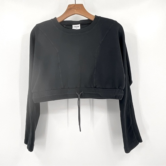 Gymshark Black Long Sleeve Crop Top Elbows Cutout drawstring‎ waist Size XS C15 - Picture 1 of 8